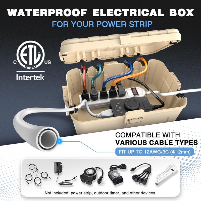 Flemoon Outdoor Electrical Box Waterproof, IP54 Waterproof Extension Cord Cover, Protect Outlet, Plug, Socket, Timer, Power Strip, Holiday Light, Large Weatherproof Connection Box, Almond - Image 2